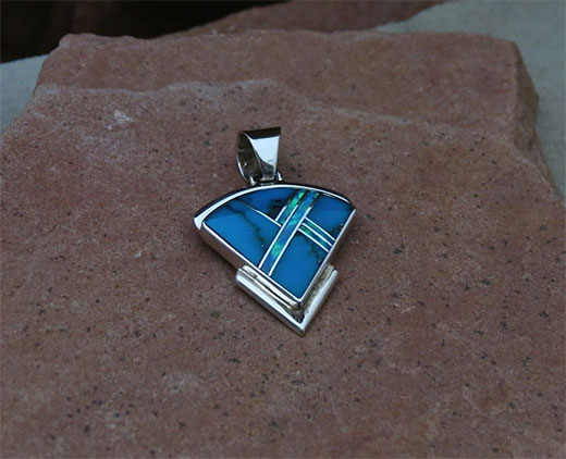 Navajo Solid Sterling Silver Water mark Turquoise and cultured opal Pendant