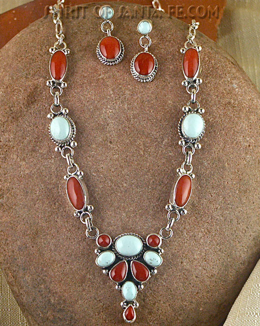 Navajo Solid Sterling Silver Turquoise and Coral Necklace Navajo Solid Sterling Silver Turquoise and Coral Necklace