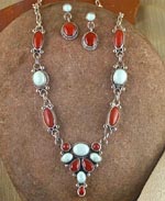 Navajo Turquoise and Coral Earrings Necklace set