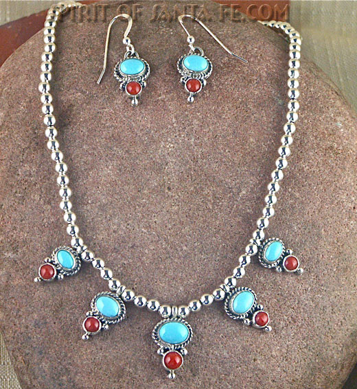 Navajo Solid Sterling Silver Turquoise and Coral Necklace