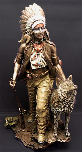Plains Indians Statue- Indian standing with Wolf